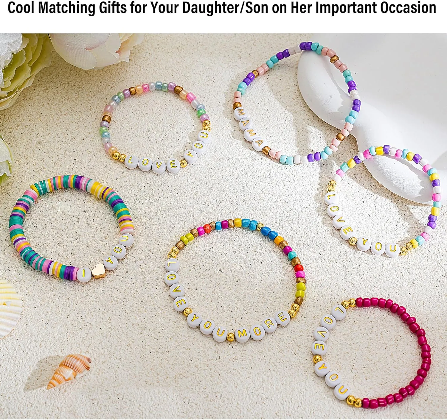 First Day of School Gifts Matching Bracelets for Women Girls Mother and Daughter Beaded Bracelet Multicolor Bead Stretch Back to School Gift I Love You Engraved Christmas Birthday Jewelry