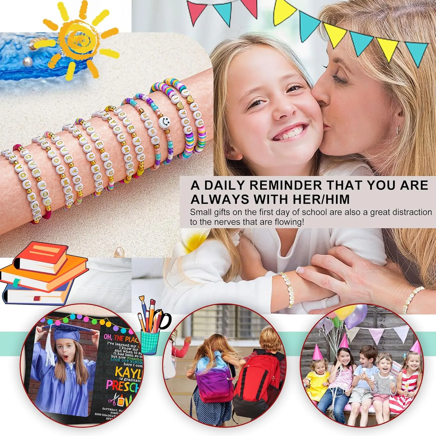 First Day of School Gifts Matching Bracelets for Women Girls Mother and Daughter Beaded Bracelet Multicolor Bead Stretch Back to School Gift I Love You Engraved Christmas Birthday Jewelry
