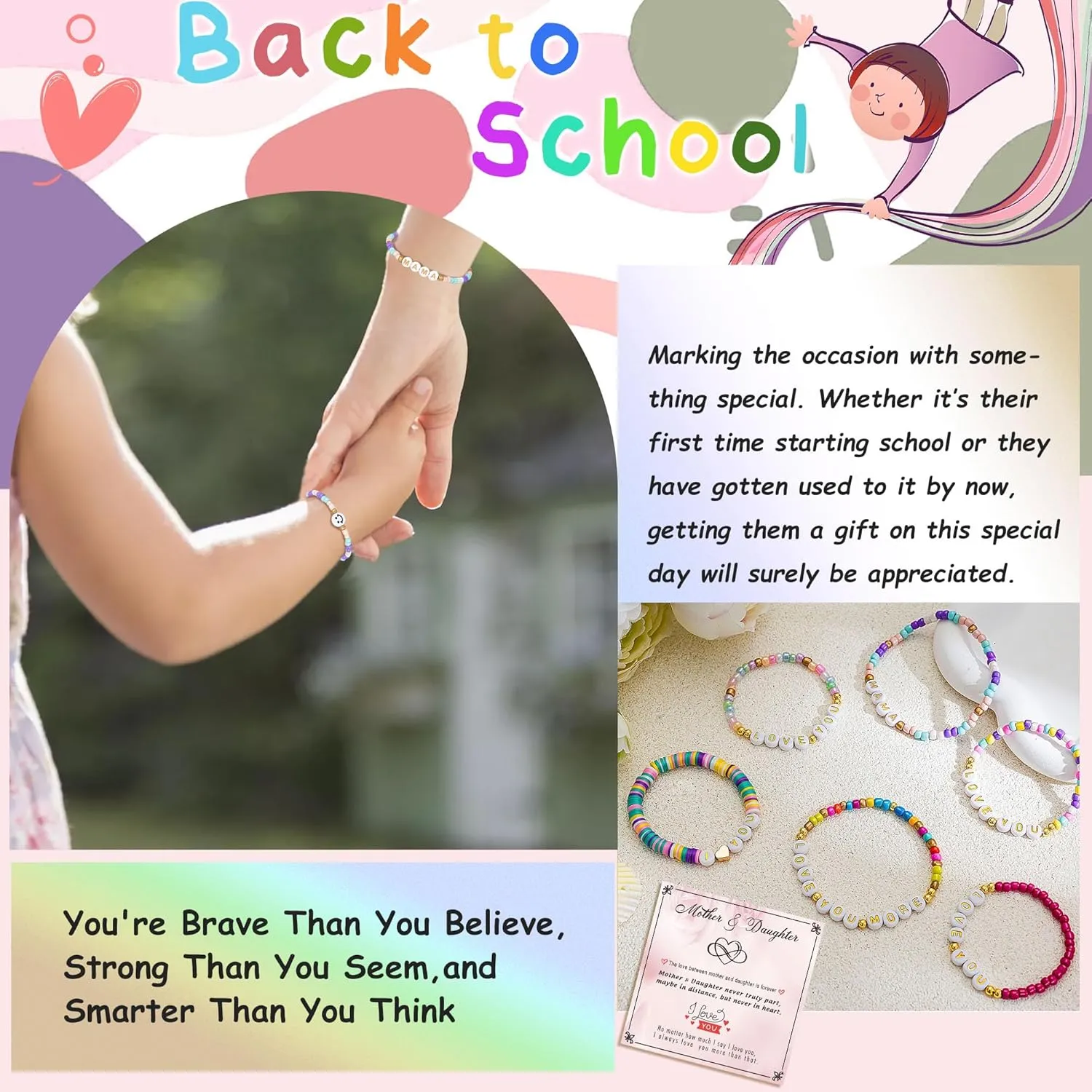 First Day of School Gifts Matching Bracelets for Women Girls Mother and Daughter Beaded Bracelet Multicolor Bead Stretch Back to School Gift I Love You Engraved Christmas Birthday Jewelry