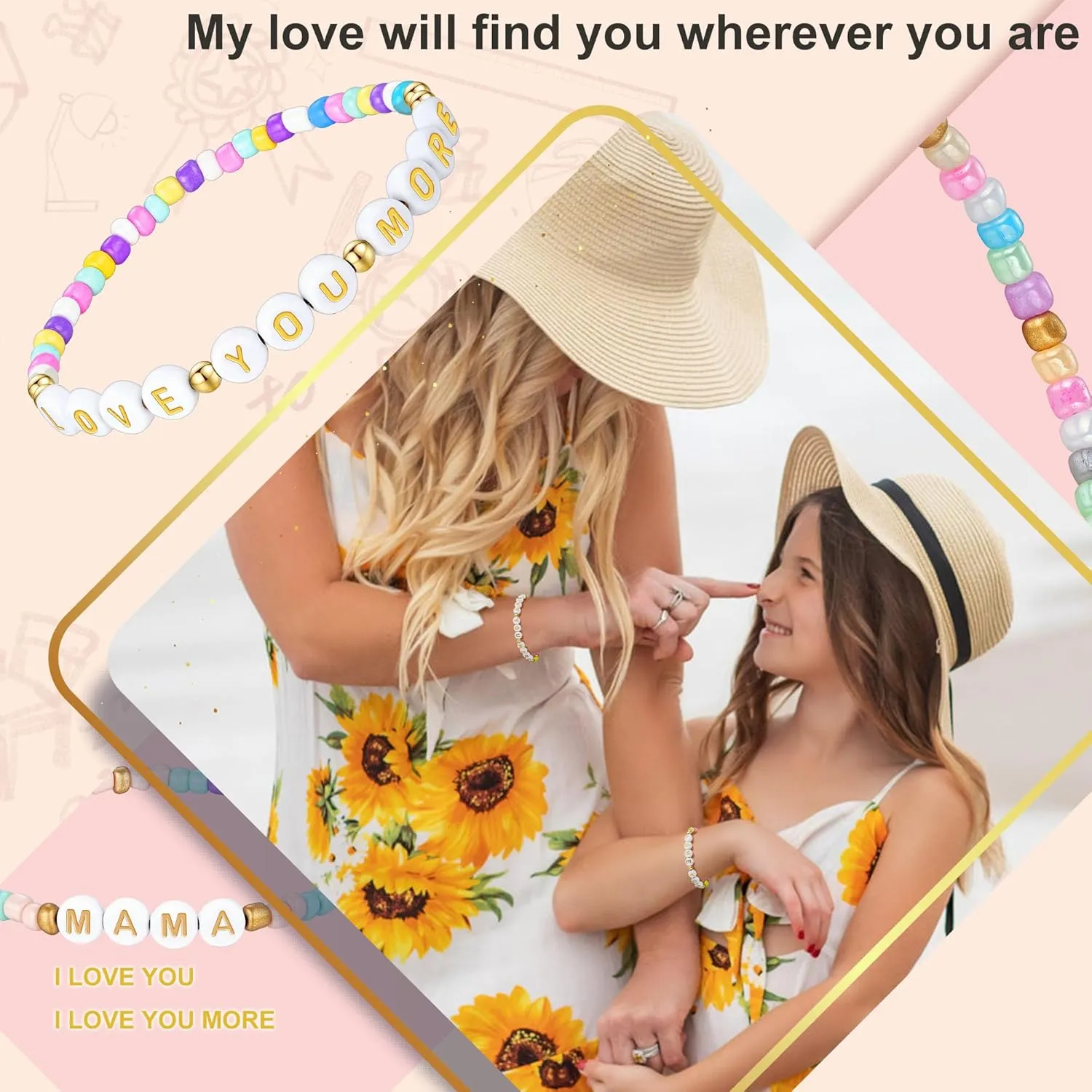 First Day of School Gifts Matching Bracelets for Women Girls Mother and Daughter Beaded Bracelet Multicolor Bead Stretch Back to School Gift I Love You Engraved Christmas Birthday Jewelry