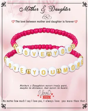 First Day of School Gifts Matching Bracelets for Women Girls Mother and Daughter Beaded Bracelet Multicolor Bead Stretch Back to School Gift I Love You Engraved Christmas Birthday Jewelry
