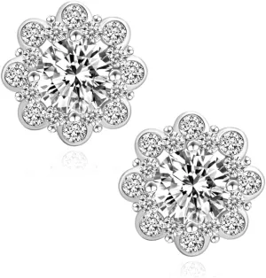 Flower Cluster Halo Round Brilliant 925 Sterling Silver White Gold Plated Unisex Iced Cz Hip Hop Men's Women's Circle Screw Back Cubic Zirconia Stud Earrings