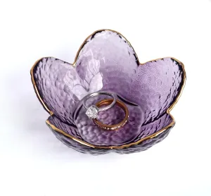 Flower Shape Ring Dish Jewelry Tray Organizer, Glass Accent Tray for Vanity, Small Decorative Trinket Dish, Crystal Purple