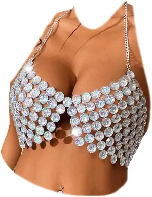 Formery Women's Crystal Body Chain Silver Shiny Rhinestone Chest Chains Blackless Summer Beach Party Body Jewelry