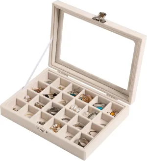 Frebeauty 24 Grid Jewelry Tray,Velvet Stud Earring Organizer,Small Jewelry Organizer with Clear Lid,Lockable Earring Holder Organizer Jewelry Boxes & Organizer Ring Holder for Women & Girls(Beige)
