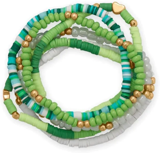 Friendship Stretch Bracelet Set of Six Green Teal White Gold Tone Beads