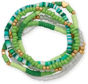 Friendship Stretch Bracelet Set of Six Green Teal White Gold Tone Beads