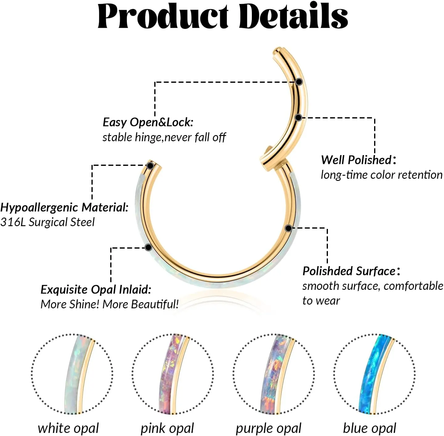 FUNLMO 316L Surgical Steel Nose Ring Hoop Opal Cartilage Earring Conch Daith Rook Orbital Helix Daith Tragus Piercing Jewelry Cartilage Septum Jewelry Cartilage Conch Hoop Earring