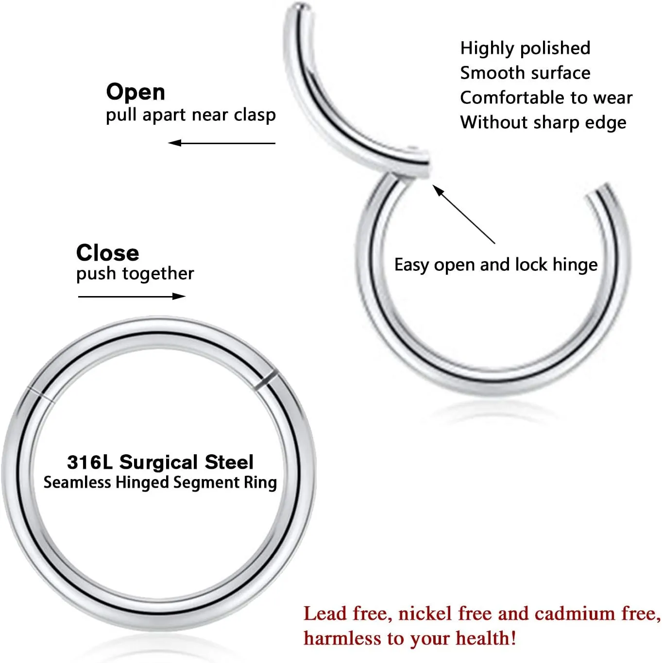FUNLMO 5 Pcs / 3 Pcs 316L Surgical Steel Nose Rings Septum Rings Conch Helix Tragus Daith Rook Cartilage Piercing Jewelry Lip Rings for Women Men