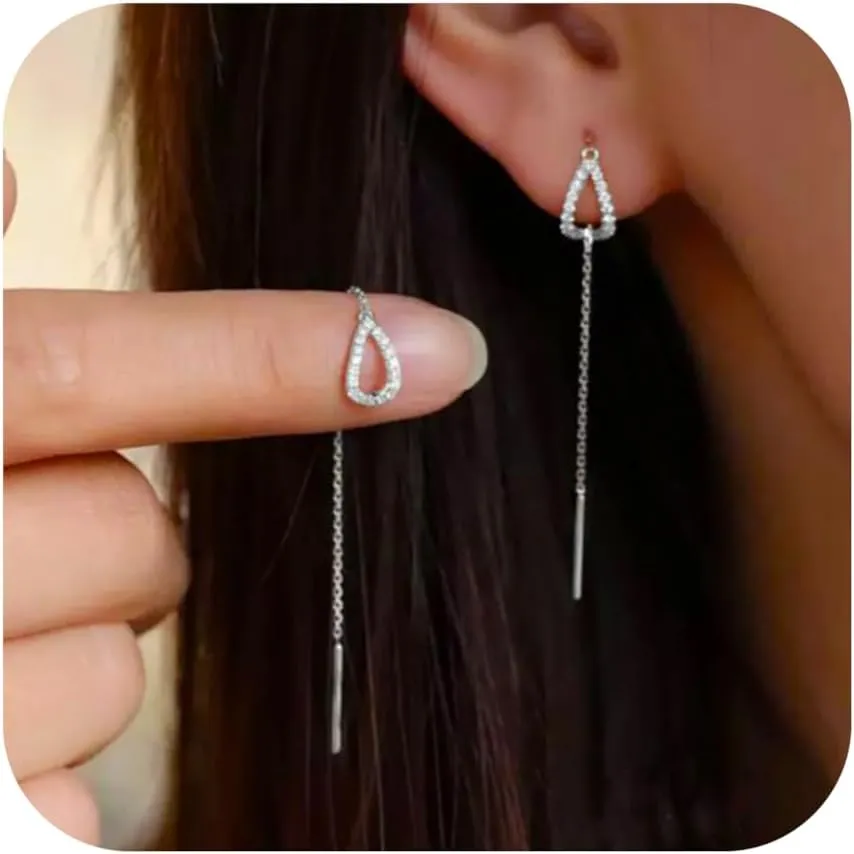 FUNYCEHN S925 Sterling Silver Threader Earrings for Women Dainty Long Chain Ear Line with Cubic Zirconia Elegant Dangle Tassel Earrings Heart Earring Wedding Jewelry Christmas Graduation Gifts for Her