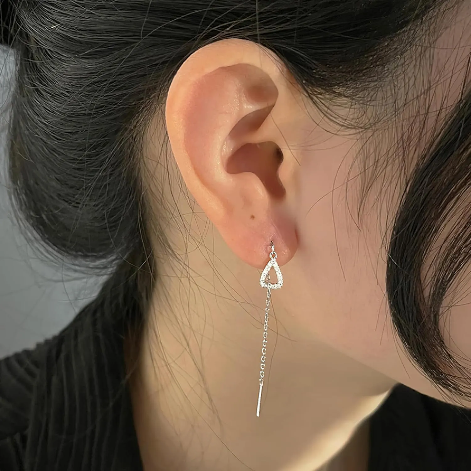 FUNYCEHN S925 Sterling Silver Threader Earrings for Women Dainty Long Chain Ear Line with Cubic Zirconia Elegant Dangle Tassel Earrings Heart Earring Wedding Jewelry Christmas Graduation Gifts for Her