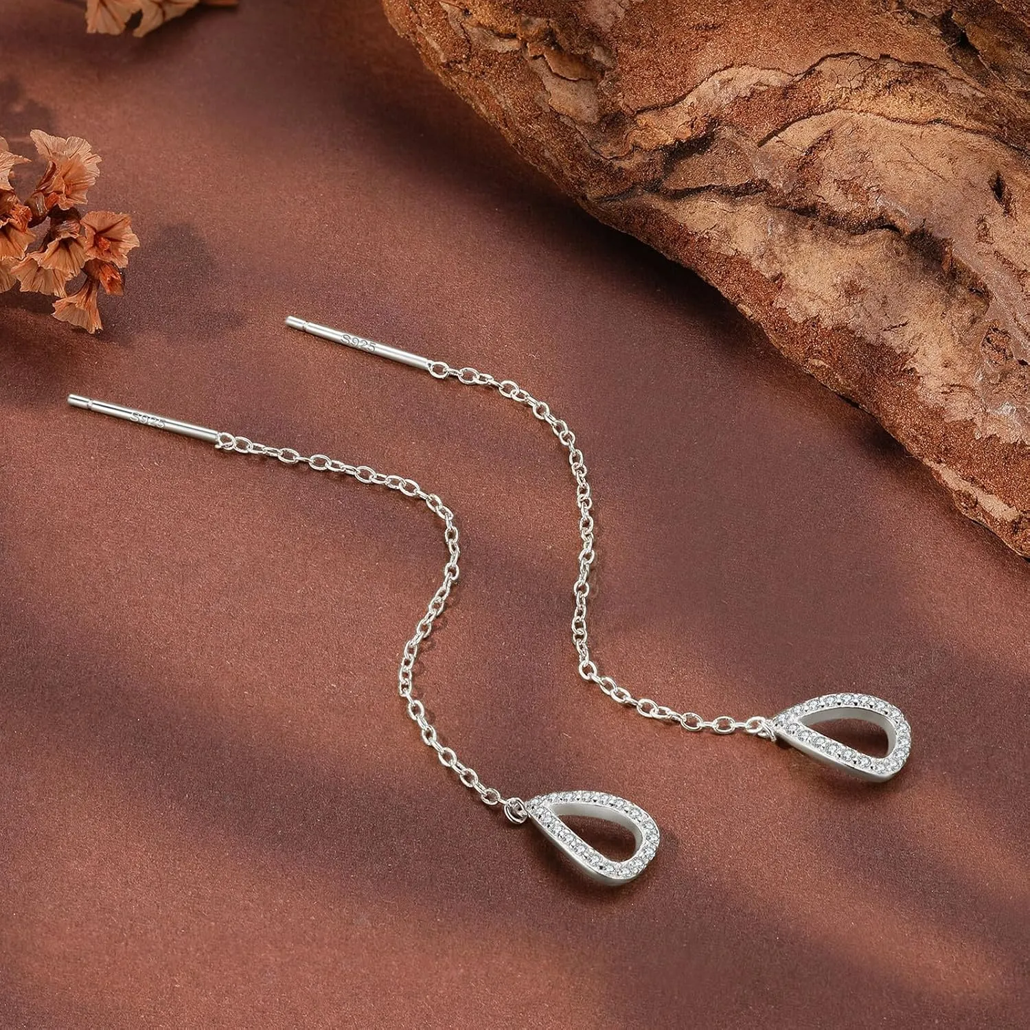 FUNYCEHN S925 Sterling Silver Threader Earrings for Women Dainty Long Chain Ear Line with Cubic Zirconia Elegant Dangle Tassel Earrings Heart Earring Wedding Jewelry Christmas Graduation Gifts for Her