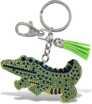 Gator Keychain - Green Sparkling Rhinestones Charm with Tassel, Fashionable Stylish Polyester PU Wild Life Key Ring Bling Jewelry Accessory with Clasp For Key Chain, Bag, Purse & Backpack