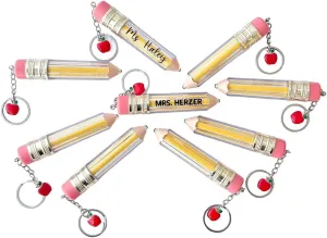 Generic Personalized Teacher Keychain with Apple Charm - Yellow, Modern, Customizable, 10 Pencils, Metal, Round, Letter Print, Logo, Cartoon, Unisex-Adult, Female, Keychain