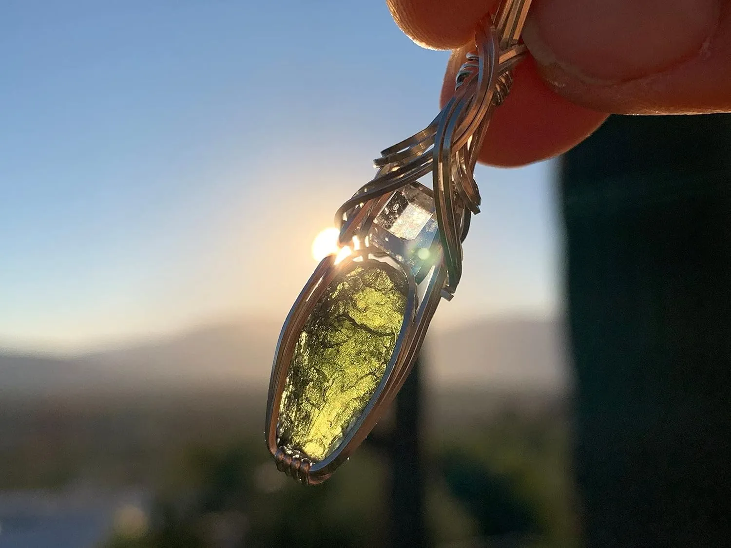 Genuine Moldavite Crystal - Large Herkimer Diamond Necklace Pendant - High Vibration Czech Moldavite Pendant | Healing Moldavite Stone Christmas Gift S61a (Silver, 1.8 Gram Moldavite, S)