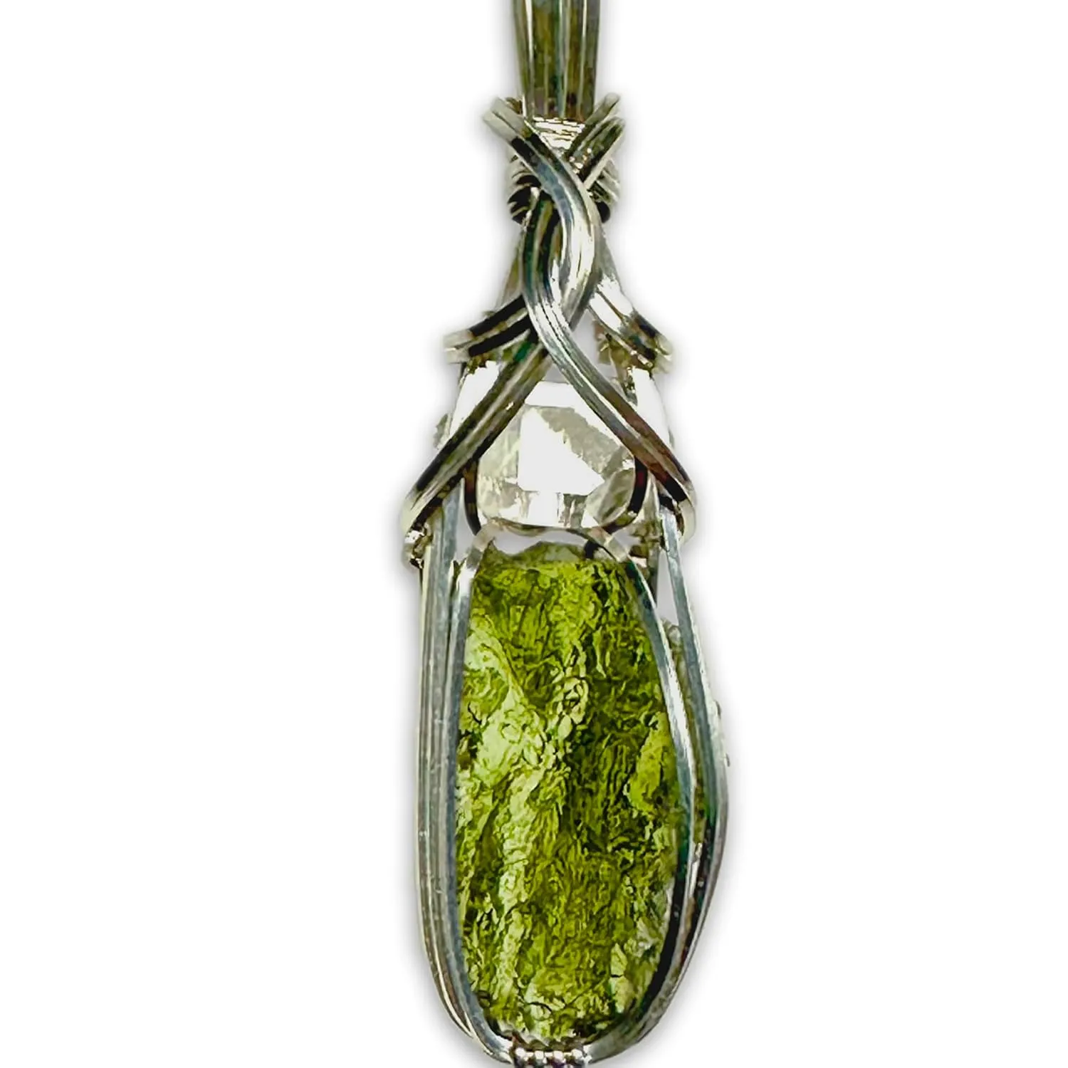 Genuine Moldavite Crystal - Large Herkimer Diamond Necklace Pendant - High Vibration Czech Moldavite Pendant | Healing Moldavite Stone Christmas Gift S61a (Silver, 1.8 Gram Moldavite, S)