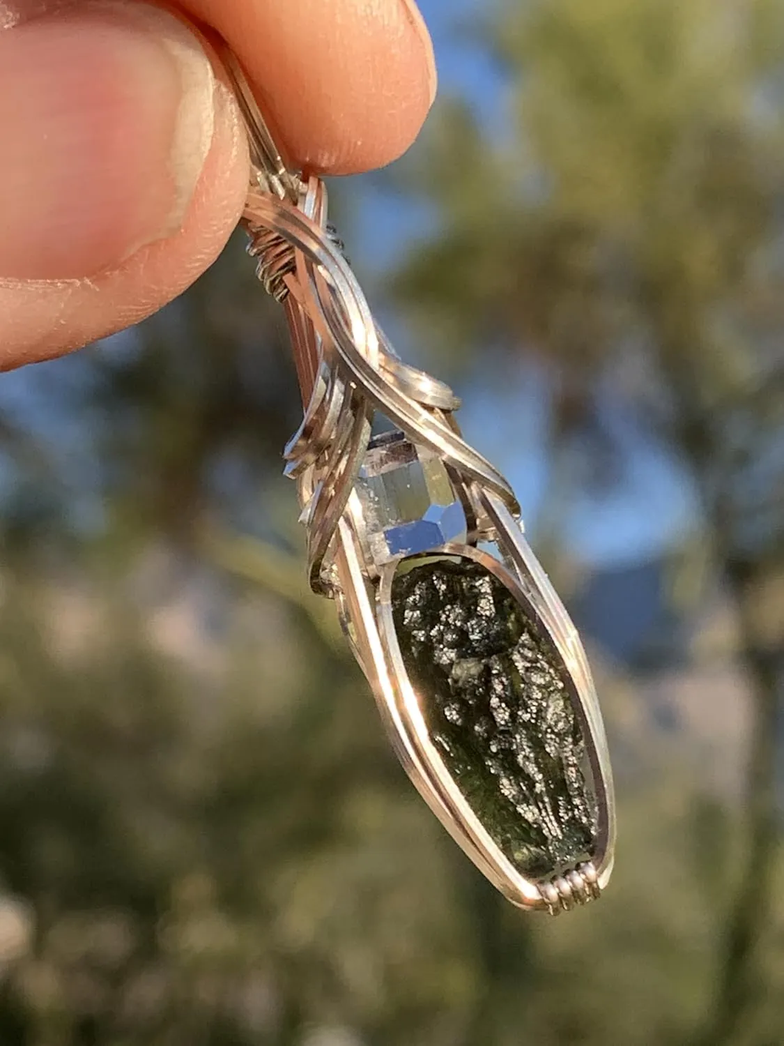 Genuine Moldavite Crystal - Large Herkimer Diamond Necklace Pendant - High Vibration Czech Moldavite Pendant | Healing Moldavite Stone Christmas Gift S61a (Silver, 1.8 Gram Moldavite, S)