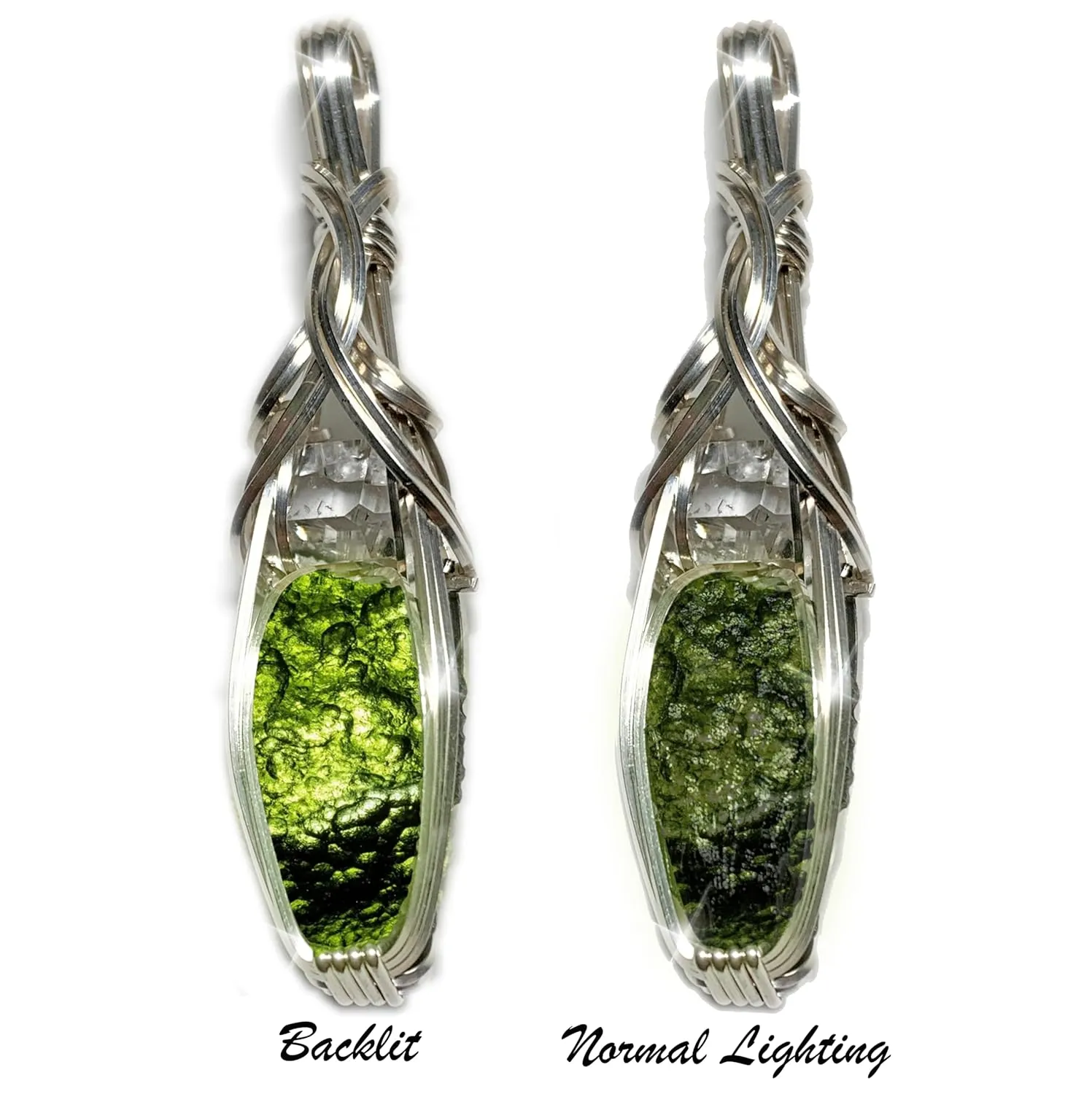 Genuine Moldavite Crystal - Large Herkimer Diamond Necklace Pendant - High Vibration Czech Moldavite Pendant | Healing Moldavite Stone Christmas Gift S61a (Silver, 1.8 Gram Moldavite, S)