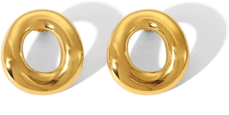 Geometric Minimalist Stud Earrings for Women 14k Gold Simple Hollow out Round Shape Trendy Stainless Steel Hypoallergenic Cartilage Piercing Earring Dainty Statement Aesthetic Jewelry Gifts Birthday