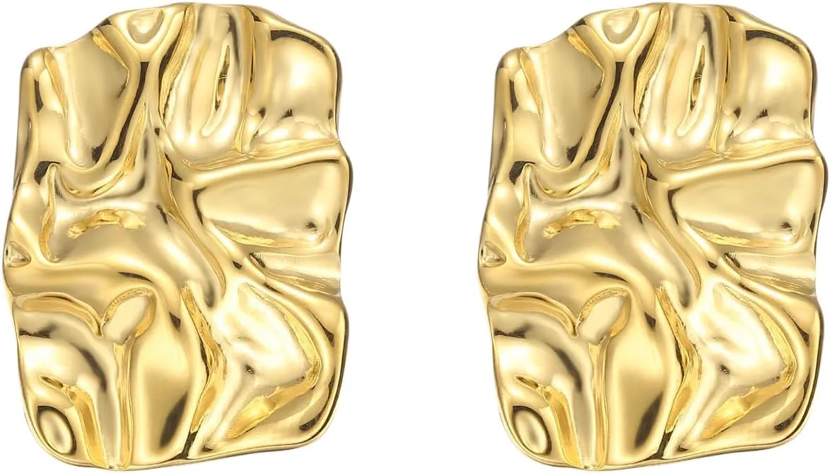 Geometric Rectangle Gold Stud Earrings Irregular Hammered Chunky Statement Square Earrings for Women Trendy