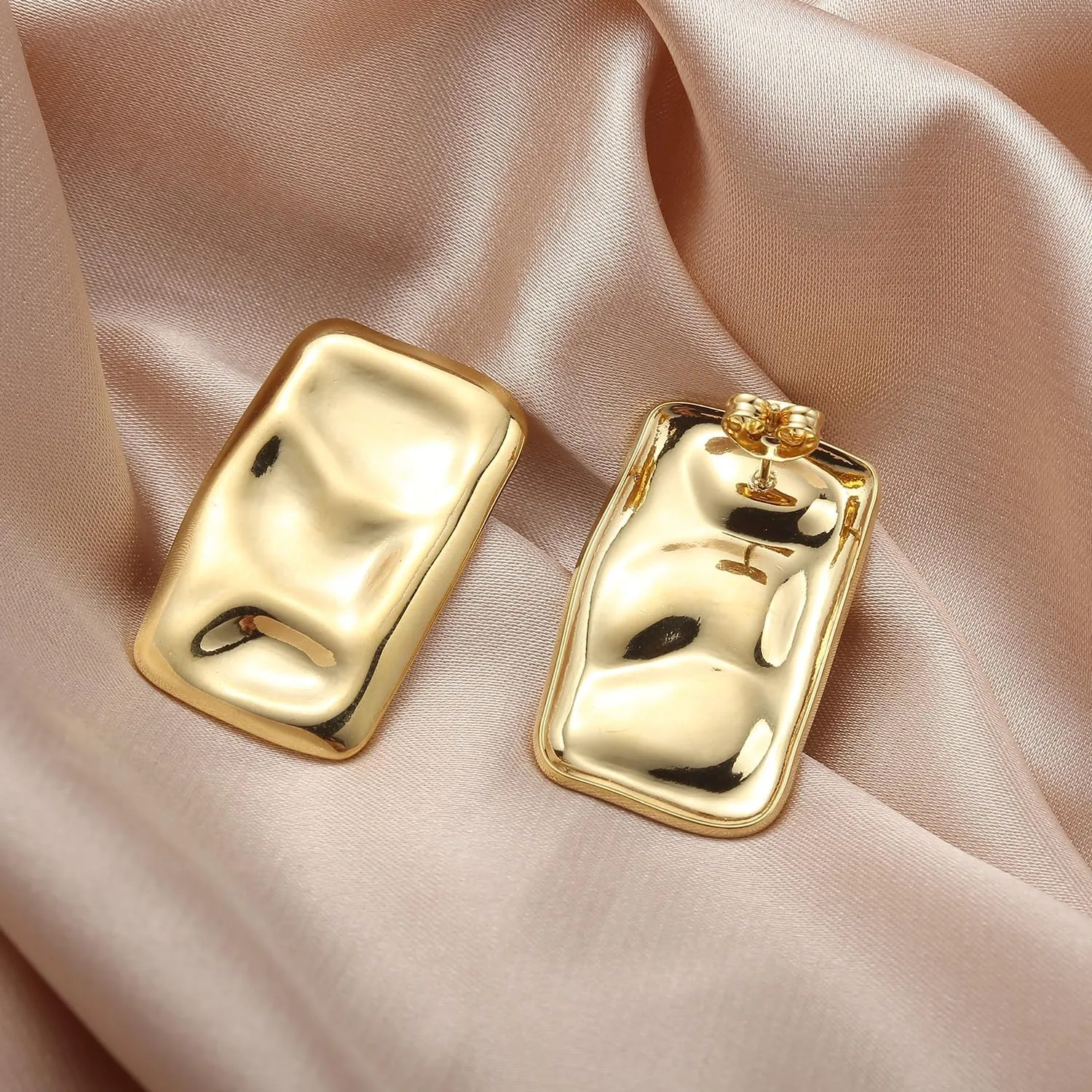 Geometric Rectangle Gold Stud Earrings Irregular Hammered Chunky Statement Square Earrings for Women Trendy