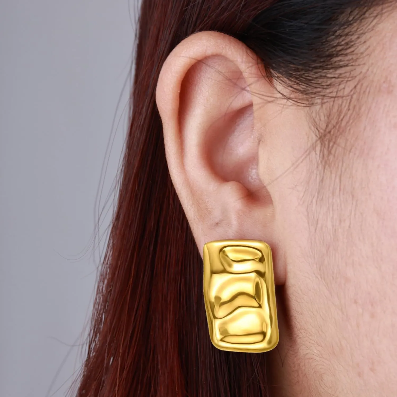 Geometric Rectangle Gold Stud Earrings Irregular Hammered Chunky Statement Square Earrings for Women Trendy