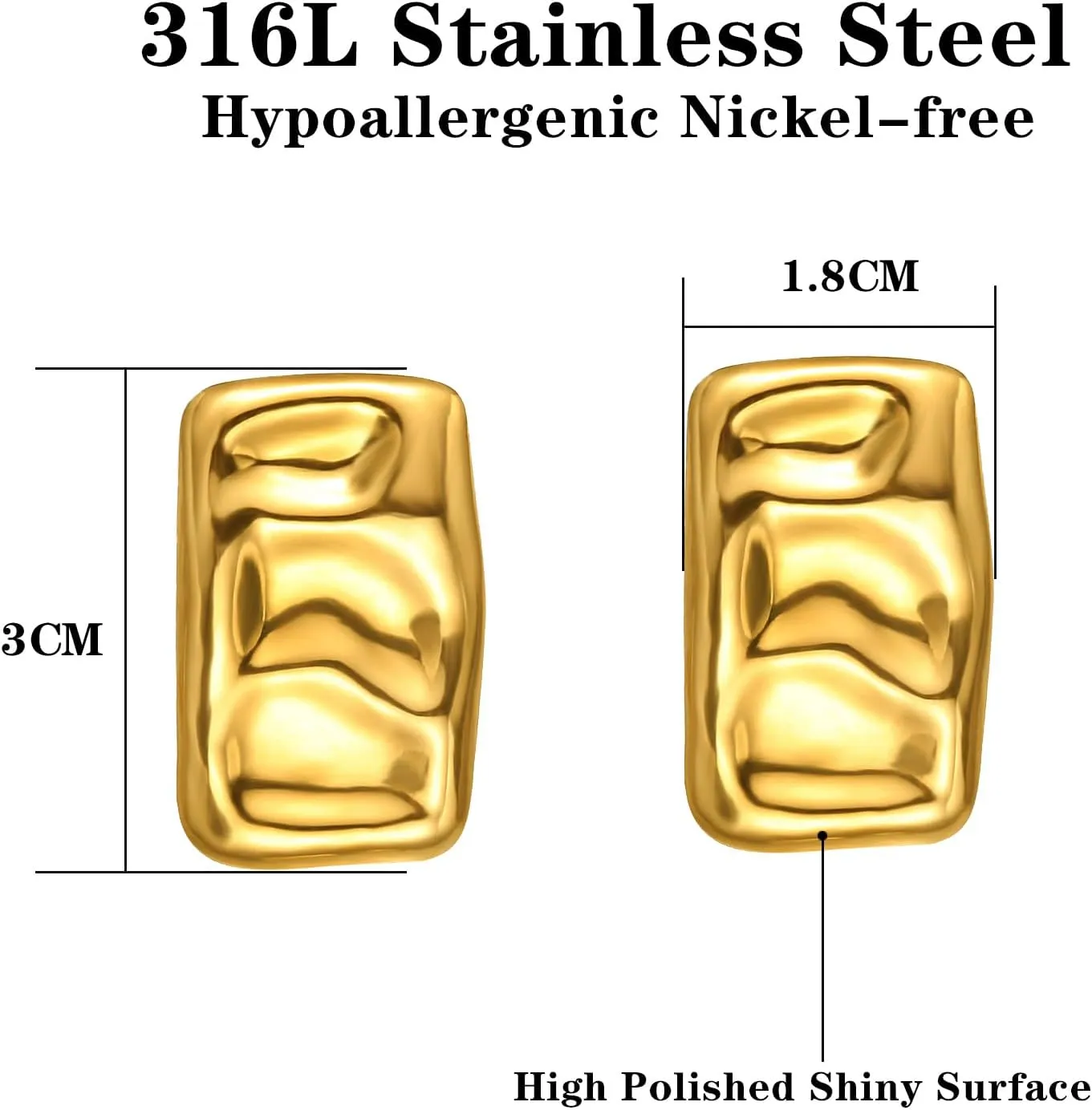 Geometric Rectangle Gold Stud Earrings Irregular Hammered Chunky Statement Square Earrings for Women Trendy