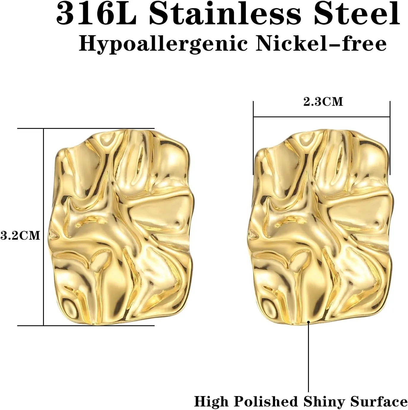 Geometric Rectangle Gold Stud Earrings Irregular Hammered Chunky Statement Square Earrings for Women Trendy