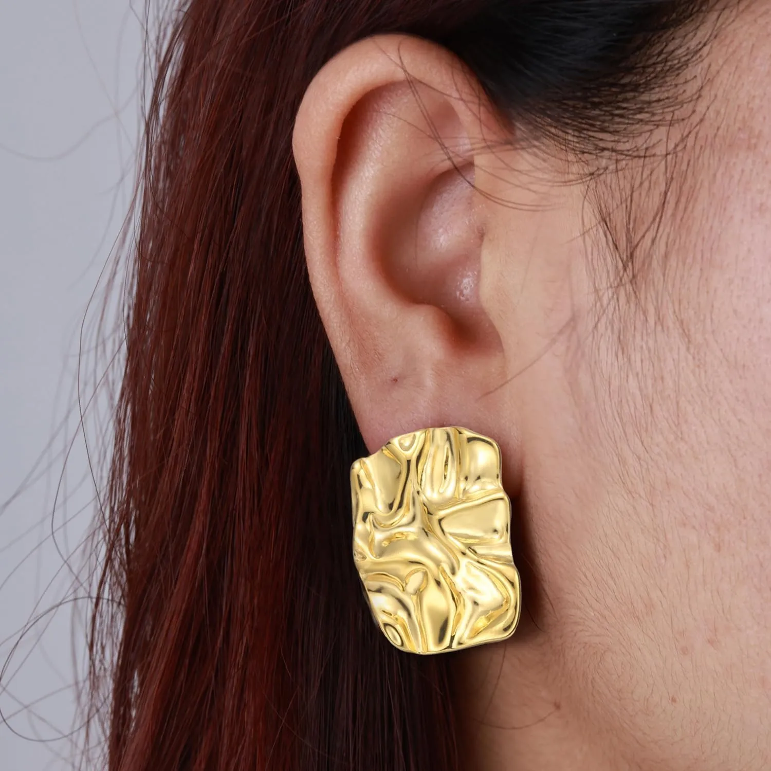 Geometric Rectangle Gold Stud Earrings Irregular Hammered Chunky Statement Square Earrings for Women Trendy