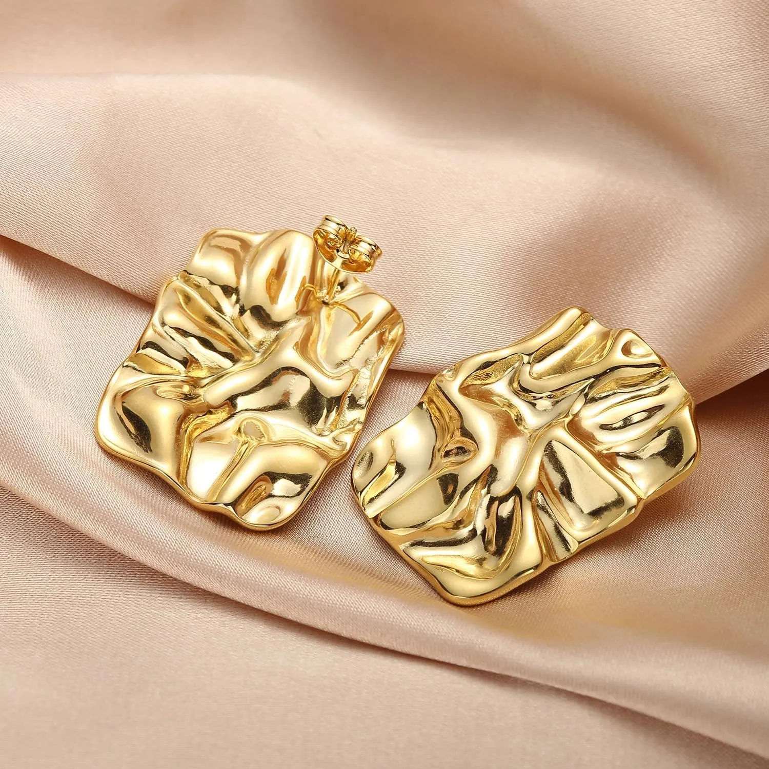 Geometric Rectangle Gold Stud Earrings Irregular Hammered Chunky Statement Square Earrings for Women Trendy