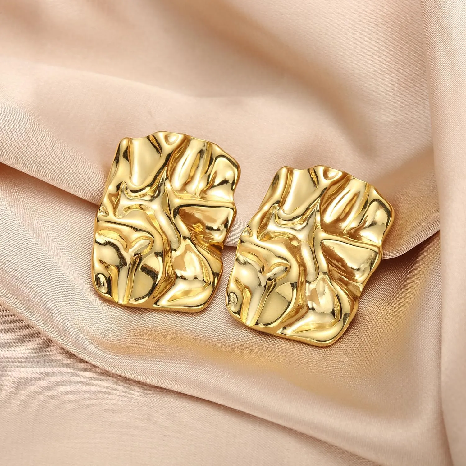 Geometric Rectangle Gold Stud Earrings Irregular Hammered Chunky Statement Square Earrings for Women Trendy