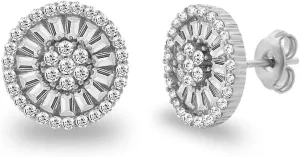 Geometric Silver Circle/Round Baguette CZ Crystal Stone Stud Earrings For Women