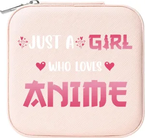 Gifts for Anime lovers, Funny Just a Girl Who Loves Anime Small Travel Pink Jewelry Box, Ring Earring Necklace Bracelet Organizer Storage Holder Boxes With Mirror