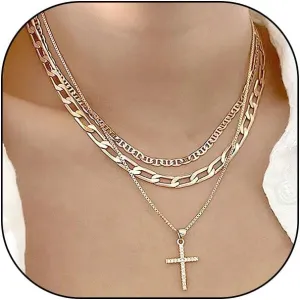 GIGB PBDK 3Pcs Cross Pendant Necklace Set for Women,Gold Layered Stacked Chain Collarbone Necklace,Fashionable Adjustable Paperclip Jewelry Gifts