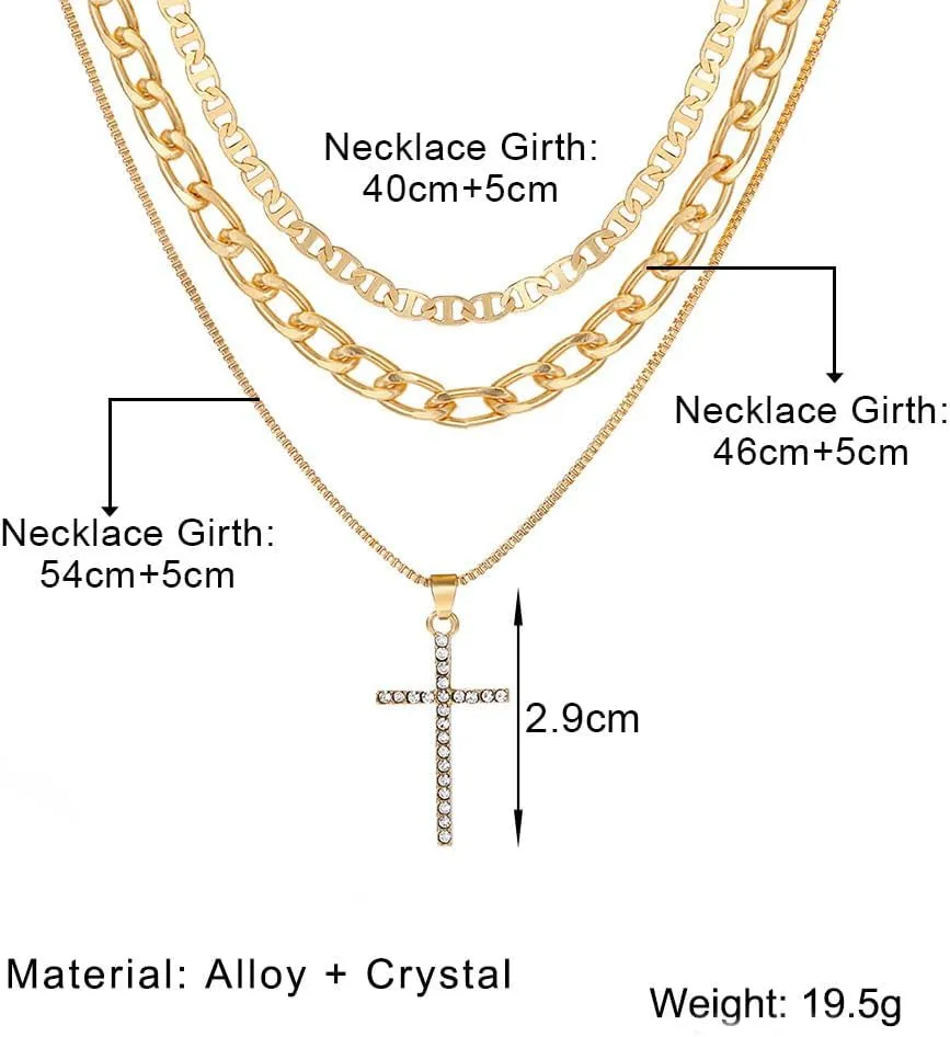 GIGB PBDK 3Pcs Cross Pendant Necklace Set for Women,Gold Layered Stacked Chain Collarbone Necklace,Fashionable Adjustable Paperclip Jewelry Gifts