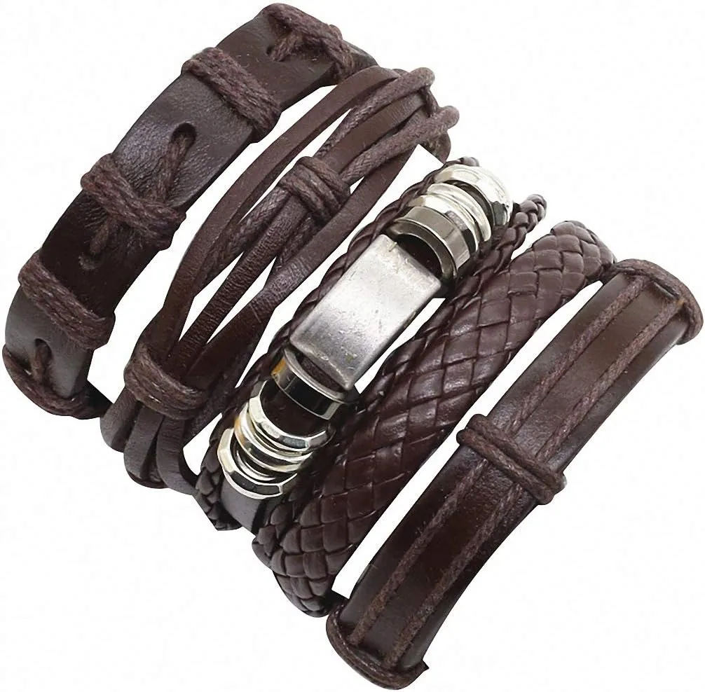 Giwotu Womens Mens 5-6pcs/set New Femme Female Vintage Braid Weave Cuff Wrap Genuine Leather Men Cross Owl Charm Bracelets Women Men Jewelry