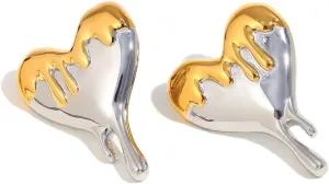 Gold & Silver Melting Heart Stud Earrings  18K Gold Plated, Trendy Two-Tone Drip Heart Drop Earrings for Women  Bold Statement Jewelry