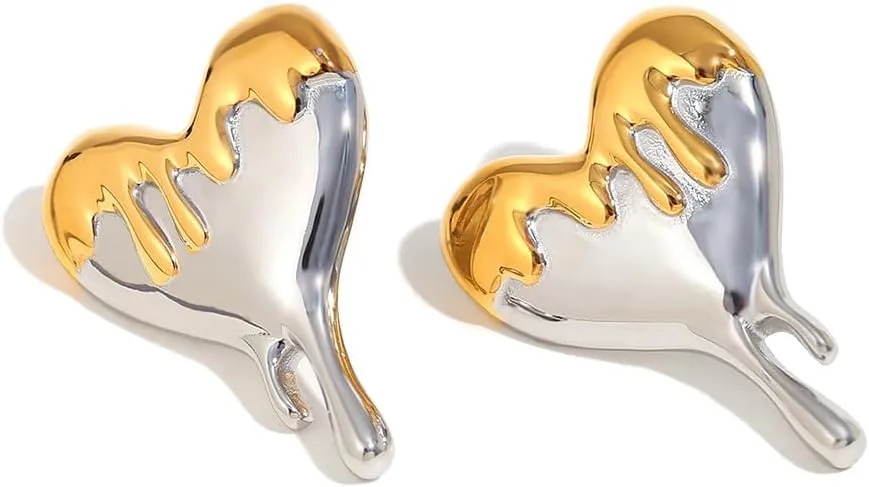 Gold & Silver Melting Heart Stud Earrings  18K Gold Plated, Trendy Two-Tone Drip Heart Drop Earrings for Women  Bold Statement Jewelry