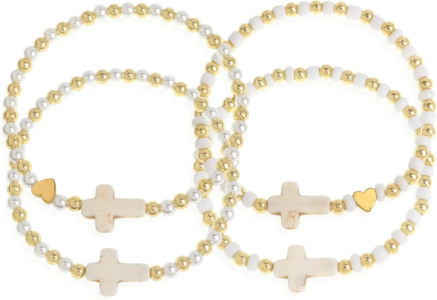 Gold Beaded Pearl Cross Stack Friendship Bracelets Set for Women, 4Pcs Boho Trendy Handmade White Beads Elastic Stretch Stackable Bracelet Prom Jewelry Gift.