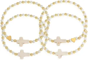 Gold Beaded Pearl Cross Stack Friendship Bracelets Set for Women, 4Pcs Boho Trendy Handmade White Beads Elastic Stretch Stackable Bracelet Prom Jewelry Gift.