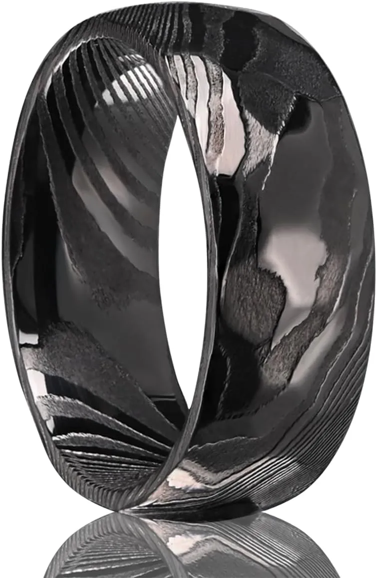 Gold Black Damascus Steel Rings for Men Women 8mm Men's Wedding Bands Classic Fashion Comfortable Fit Suitable for Couples Dating and Engagement