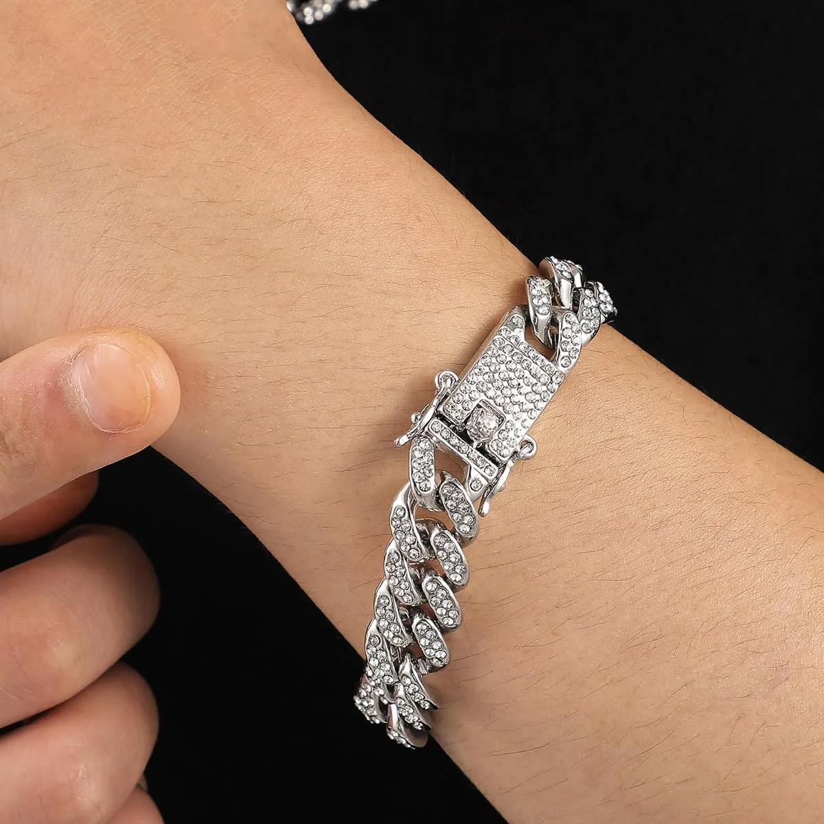 Gold Chunky Rhinestone Cuban Chain Link Bracelets, Punk Hip Hop Statement Bracelets, Trendy Rapper Costume Accessories Jewelry Gifts for Men Women