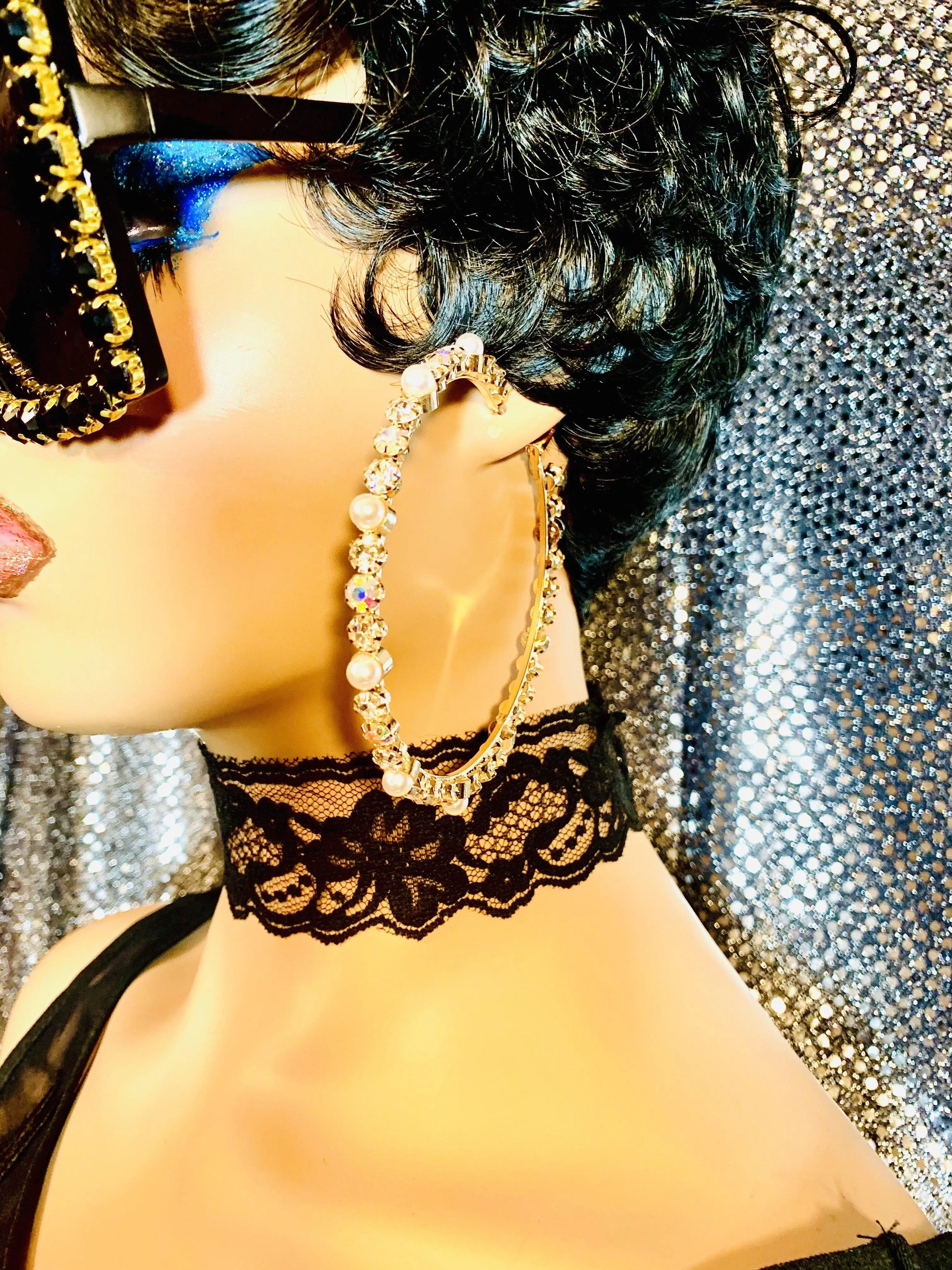 Gold Crystal Pearl AB Crystal Hoop Earrings