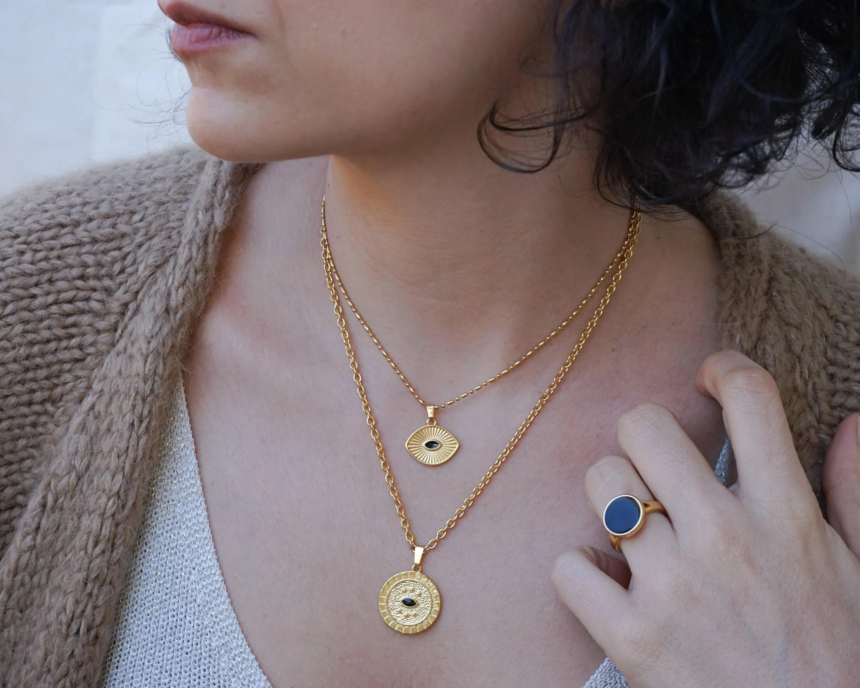 Gold Dainty Eye Protection Pendant w BlackEvil Eye Enamel