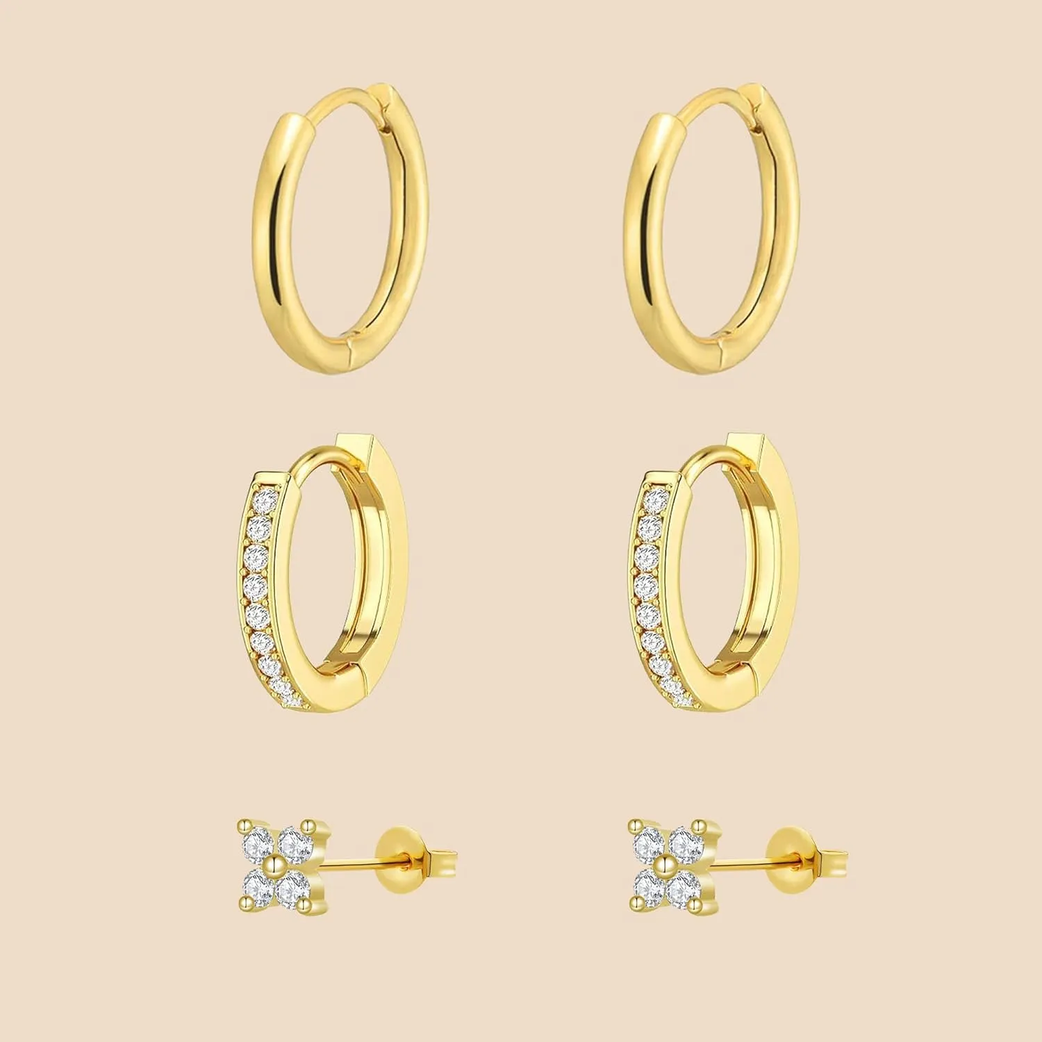 Gold Earrings for Women Trendy, Dainty Small Hoop Earrings Set Multiple Piercing Cute CZ Flower Huggie Stud Earring 14K Gold Lightweight Hypoallergenic Cartilage Earrings Gold Jewelry for Women Gifts