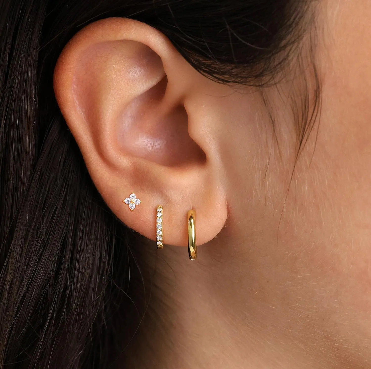 Gold Earrings for Women Trendy, Dainty Small Hoop Earrings Set Multiple Piercing Cute CZ Flower Huggie Stud Earring 14K Gold Lightweight Hypoallergenic Cartilage Earrings Gold Jewelry for Women Gifts