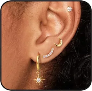 Gold Earrings Set for Women Trendy,18K Gold Plated Stud Pendant Earrings Hypoallergenic,Small Simple CZ Dangle Earrings Stacks