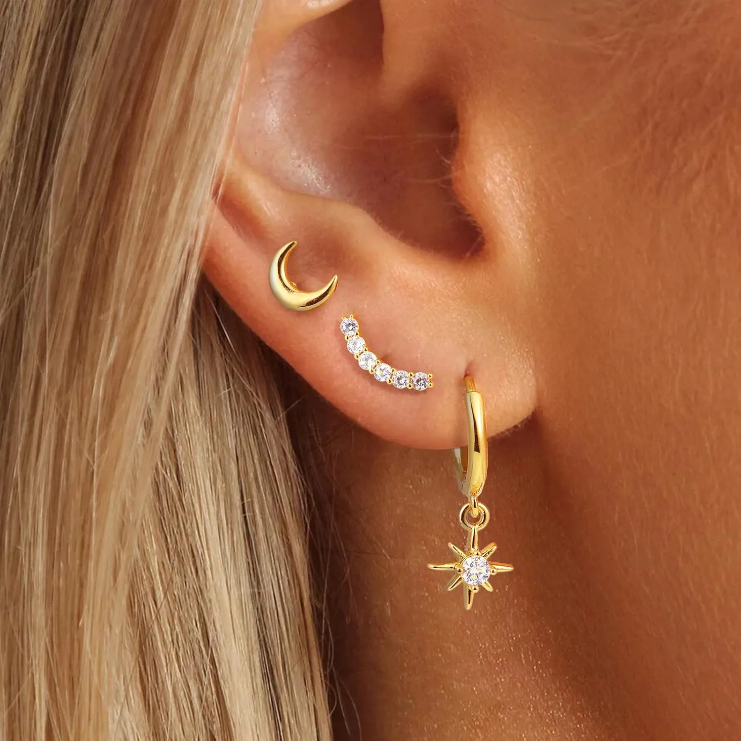 Gold Earrings Set for Women Trendy,18K Gold Plated Stud Pendant Earrings Hypoallergenic,Small Simple CZ Dangle Earrings Stacks
