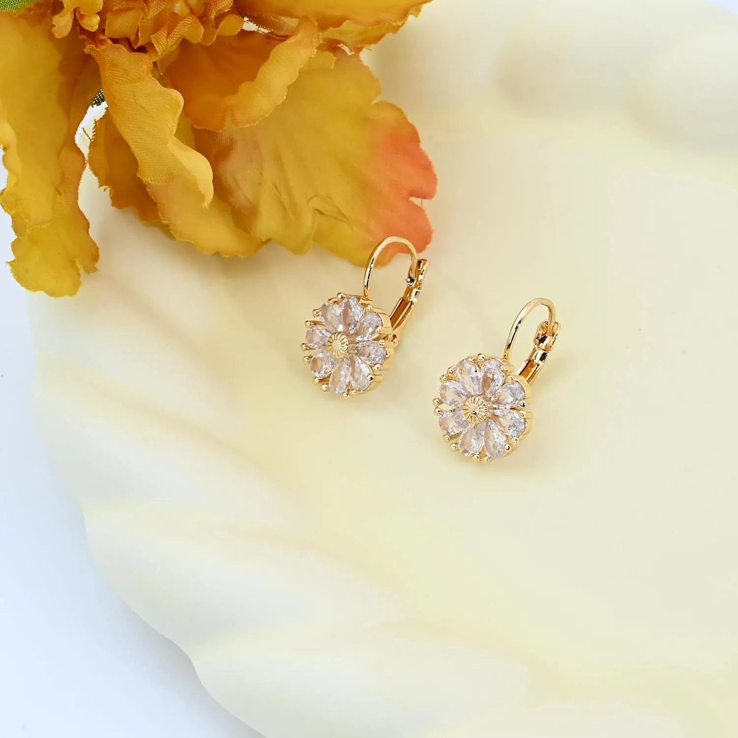 Gold Flower Earrings Birthstone Leverback Earrings Hypoallergenic Vintage Floral Earrings for Women Trendy