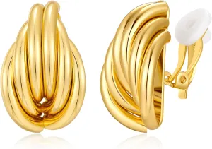 Gold Geometric Clip On Earrings for Women 18K Chunky Gold Knot Link Clip Earrings Trendy Jewelry